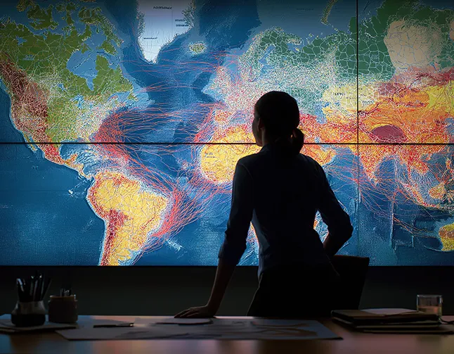 Woman looking at map of the world on a screen in a dark room